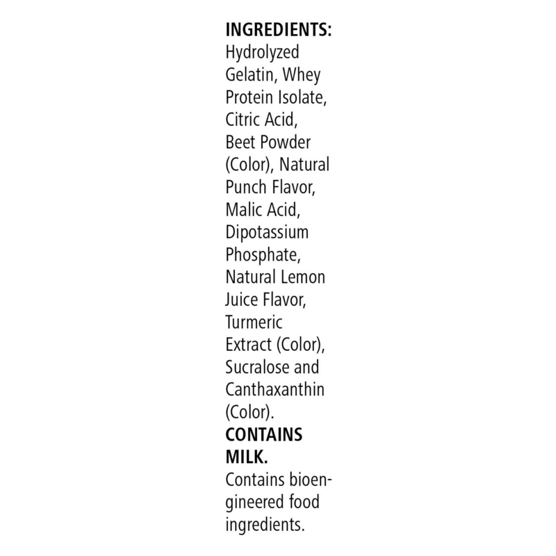 Ingredients list for NaturalVive beverage mix including whey protein isolate and fruit flavors.