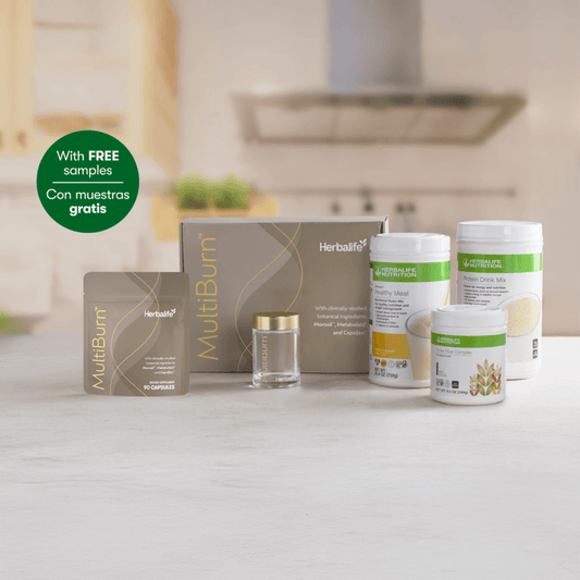 Evolve weight loss program products including MultiBurn™ and Herbalife shakes on a kitchen counter.