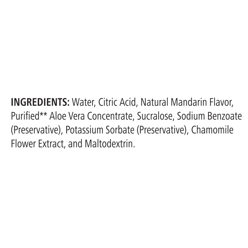Ingredients list for Herbal Aloe Concentrate Single-Serve Packets by AuraStylo including aloe vera and natural flavors.