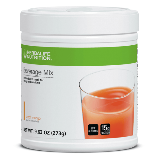 AuraStylo Beverage Mix container with peach mango flavor, a protein-based snack for energy and nutrition.
