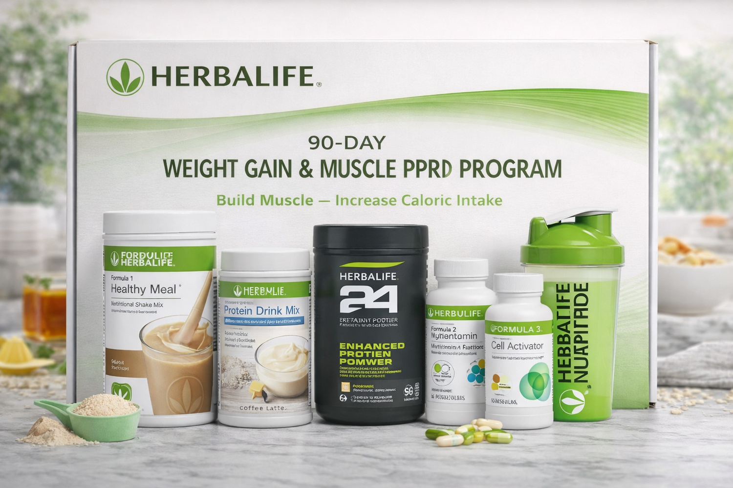 Image of Herbalife 90-Day Weight Gain Nutrition Package with meal shakes and protein supplements.
