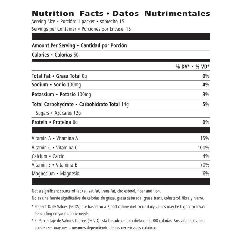 Nutrition facts for H³O Fitness Drink: Orangeade, highlighting calories, vitamins, and minerals per serving.