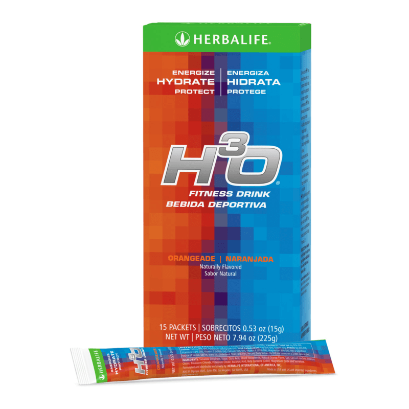 H³O Fitness Drink Orangeade 15 Packets box and packet for rapid hydration and energy support.