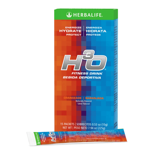 H³O Fitness Drink Orangeade 15 Packets box and packet for rapid hydration and energy support.