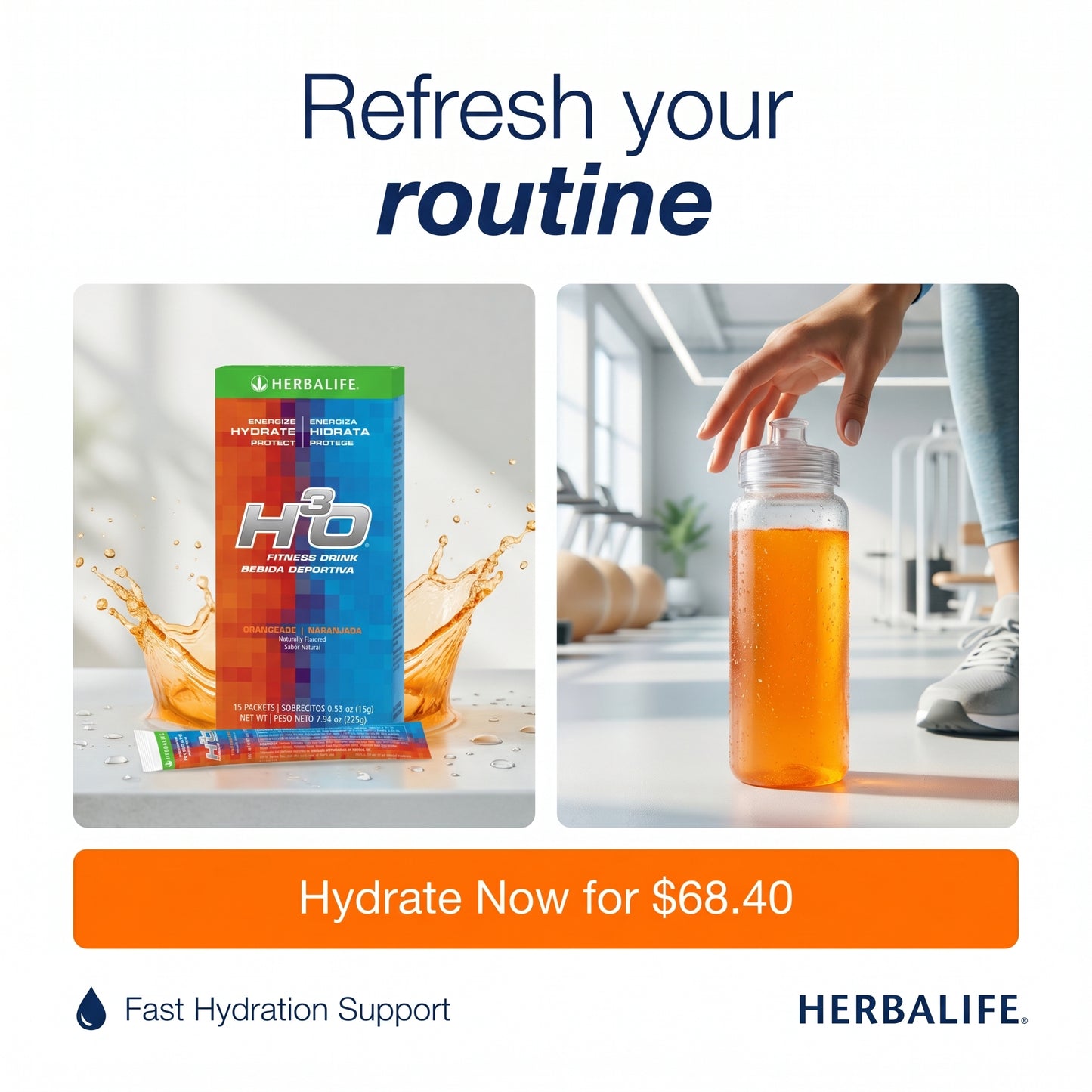 H³O Fitness Drink Orangeade 15 Packets | Rapid Hydration