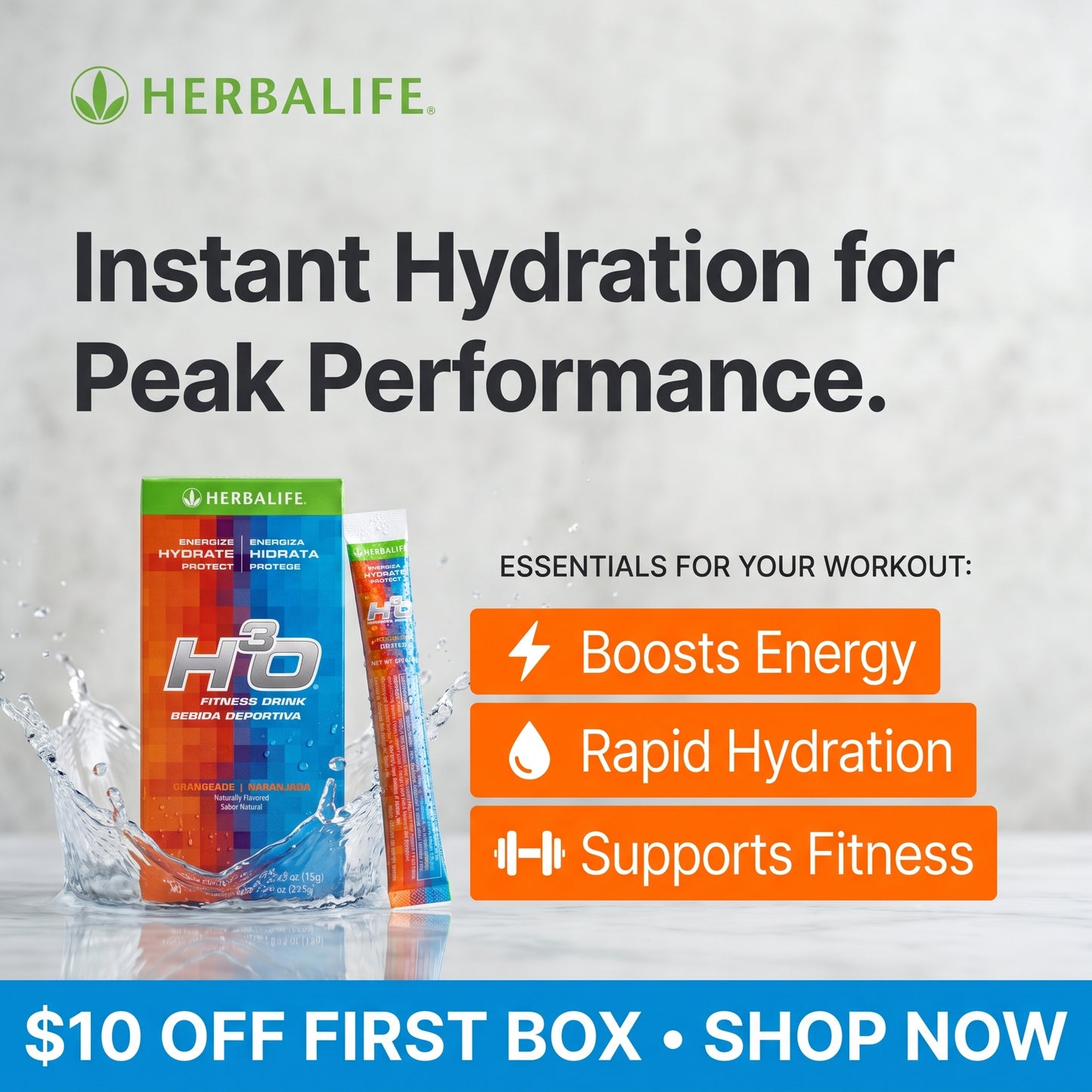 H³O Fitness Drink Orangeade 15 Packets | Rapid Hydration