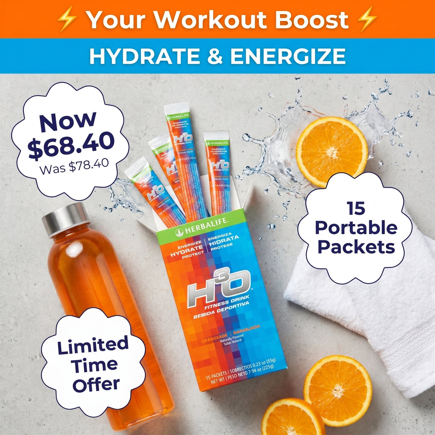 H³O Fitness Drink Orangeade 15 Packets | Rapid Hydration