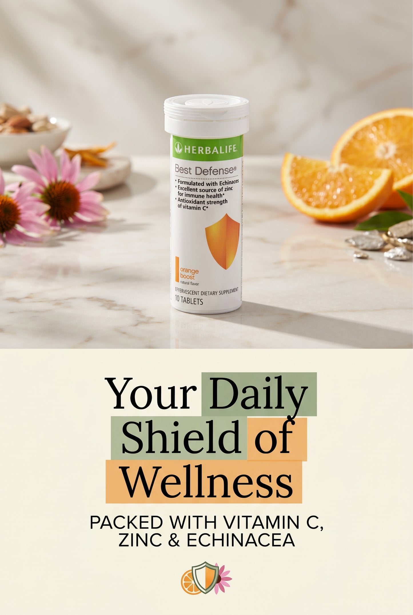 Best Defense Orange Boost dietary supplement featuring 10 effervescent tablets per tube. Crafted with Echinacea and essential nutrients to support the body's natural immune defenses. AuraStylo.
