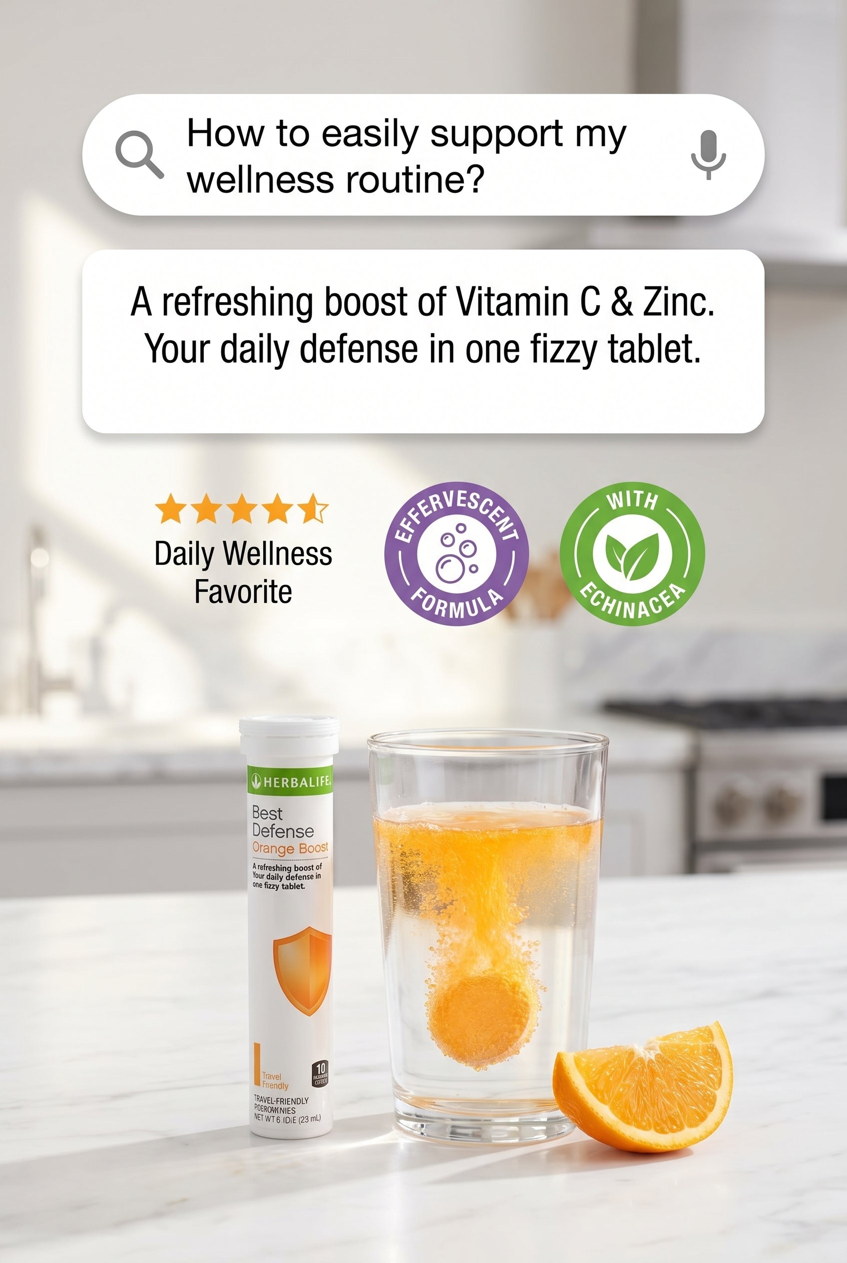 Best Defense Orange Boost effervescent dietary supplement with 10 tablets per tube, formulated with Echinacea, Vitamin C, and Zinc to help support immune health. Refreshing orange flavor. AuraStylo.