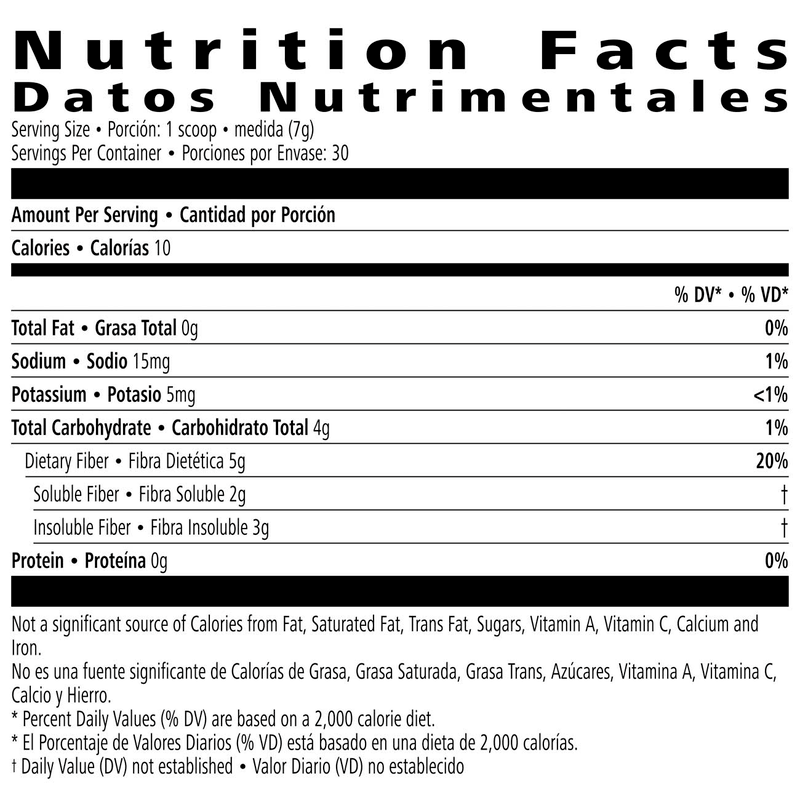 Nutrition label for AuraStylo Active Fiber Complex, detailing servings, calories, total fat, sodium, carbohydrates, dietary fiber, and protein.