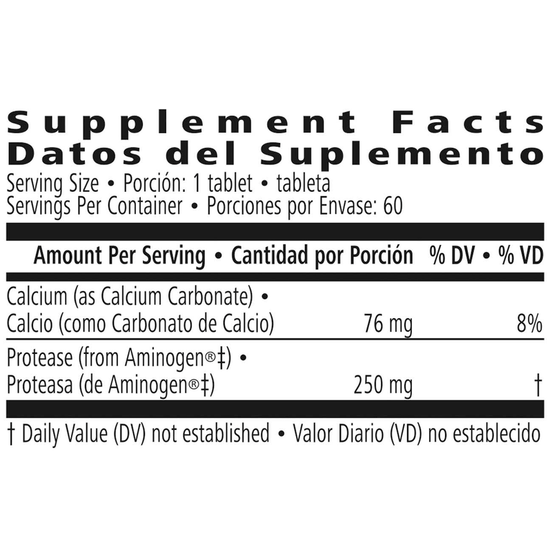 Supplement facts for Aminogen®* with calcium and protease dosage, from AuraStylo, 60 tablets