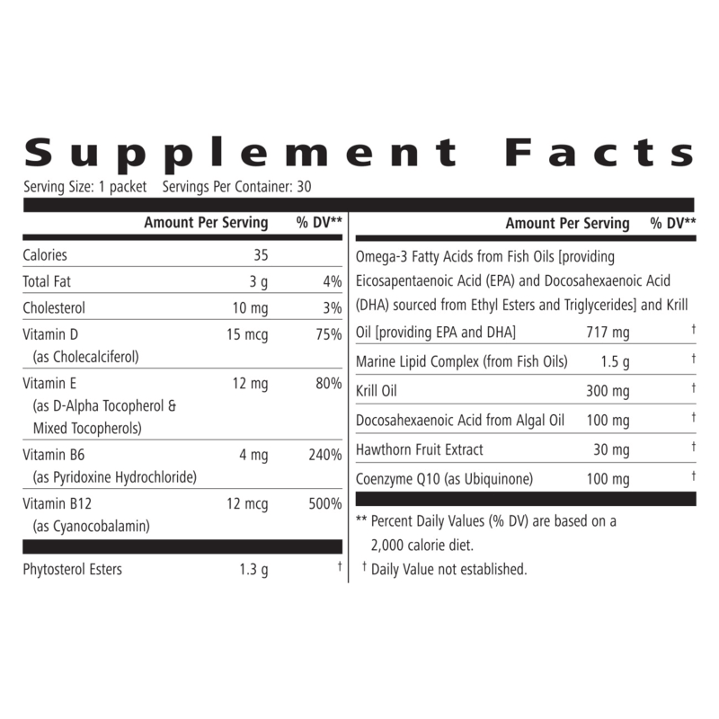 Supplement Facts for AuraStylo Core: Details on Omega-3, vitamins, and serving sizes.