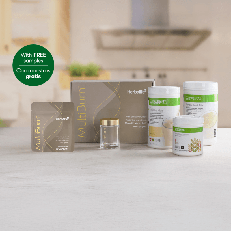 Evolve weight loss program products including MultiBurn™, protein shakes, and meal replacement options on a table.