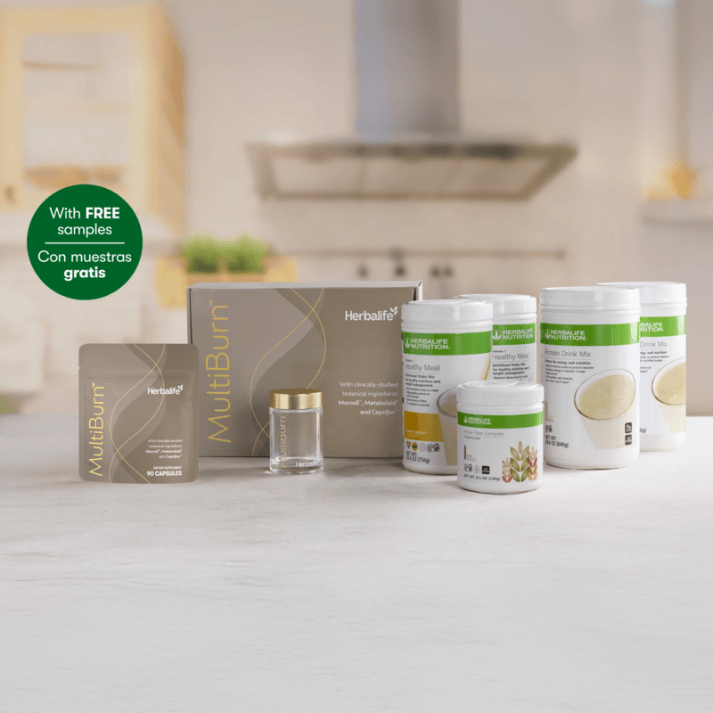 Evolve weight loss program products including MultiBurn™ and free samples on display in a kitchen setting.