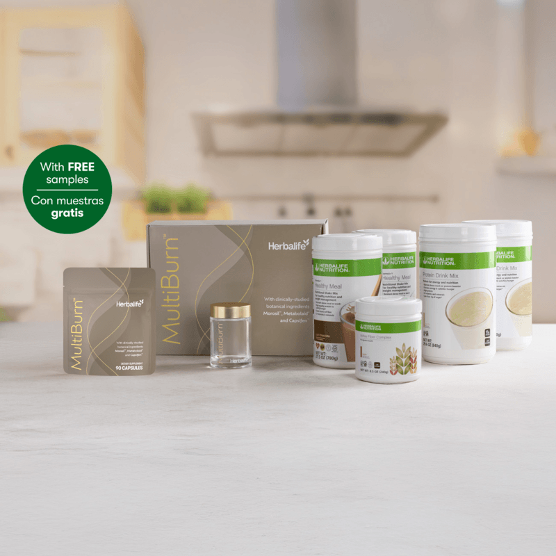 Evolve Weight Loss Program featuring MultiBurn™ and protein shake products on a kitchen counter.