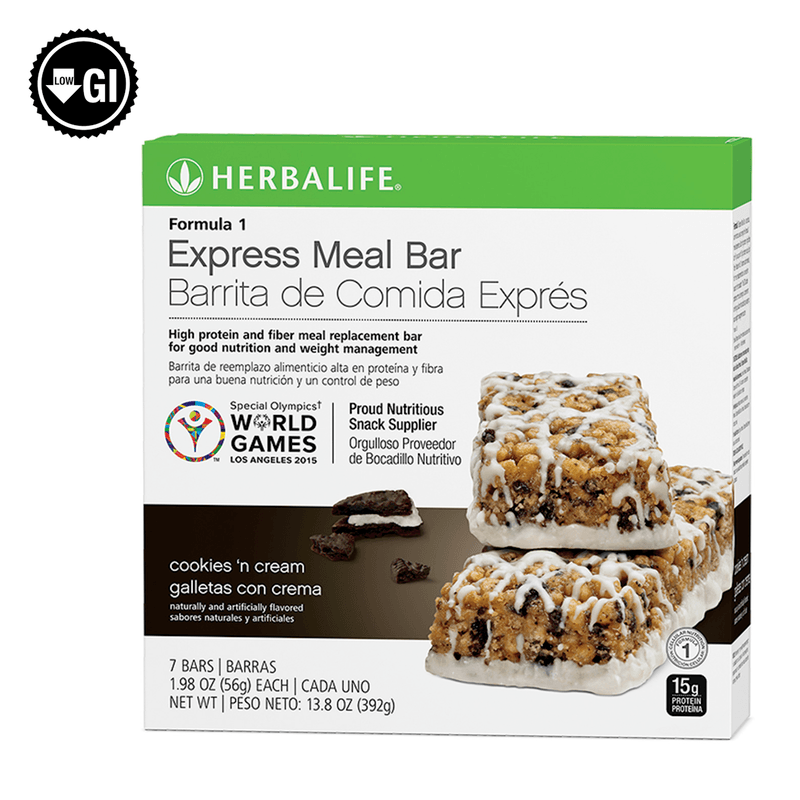 Formula 1 Express Meal Bar Cookies 'n Cream packaging featuring 7 bars per box and nutritional information.