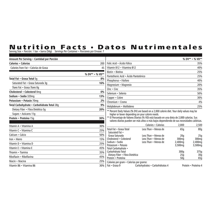 Nutrition facts for Formula 1 Express Meal Bar Cookies 'n Cream, detailing calories, vitamins, and minerals.