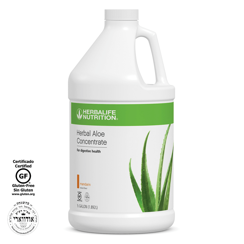AuraStylo Herbal Aloe Concentrate bottle for digestive health in Mandarin flavor, gluten-free certification.