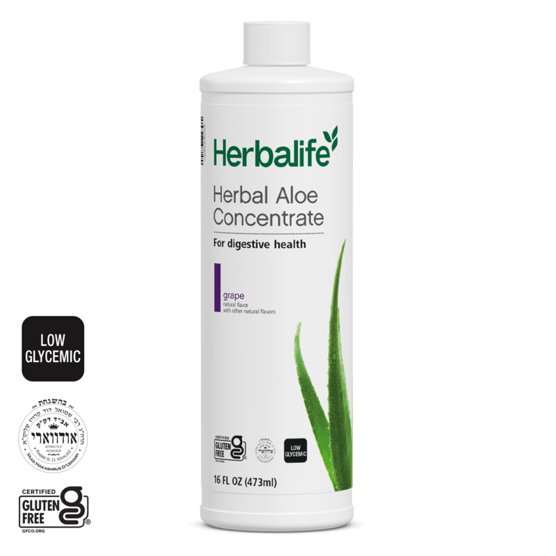 AuraStylo Herbal Aloe Concentrate bottle for digestive health, grape flavor, gluten-free and low glycemic.