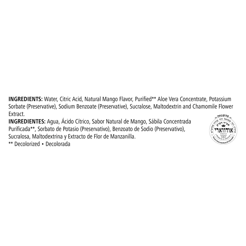 Ingredients list for Herbal Aloe Concentrate including aloe vera and mango flavor, promoting  health benefits.
