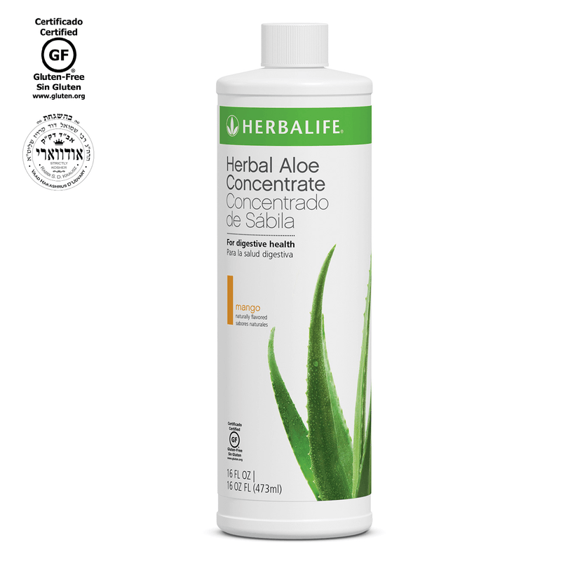 AuraStylo Herbal Aloe Concentrate mango flavor in a 16 oz bottle for digestive health and nutrient absorption.