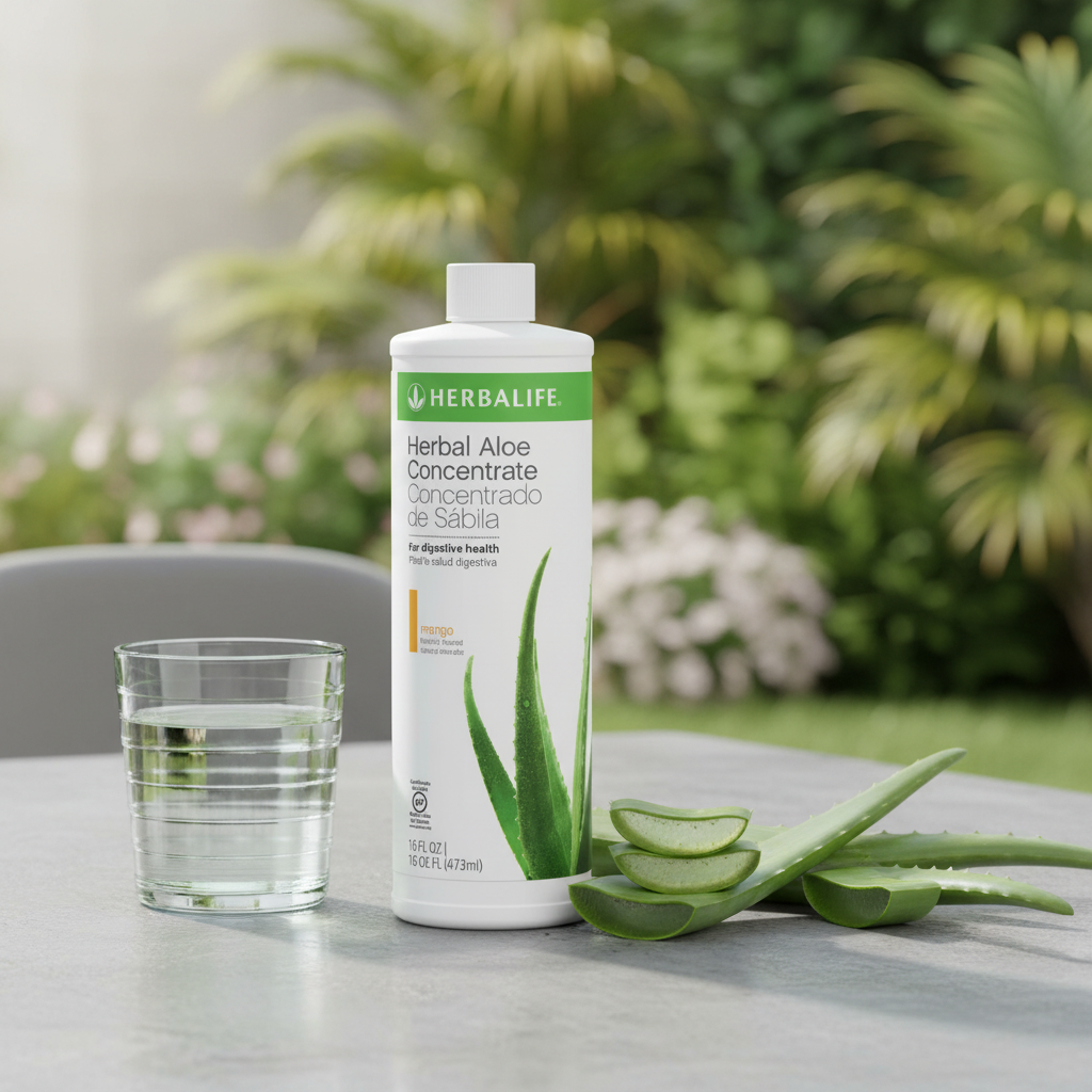 Herbal Aloe Concentrate bottle with aloe vera and mango flavor, supports digestive health.