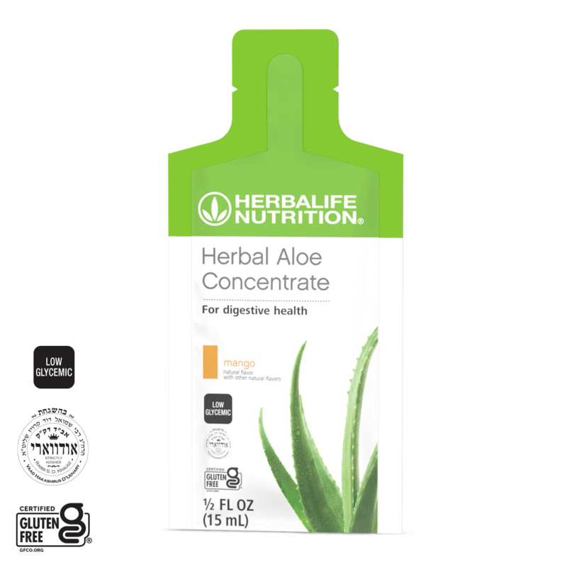 Herbal Aloe Concentrate Single-Serve Packets by AuraStylo, mango flavor for digestive health and nutrient absorption.