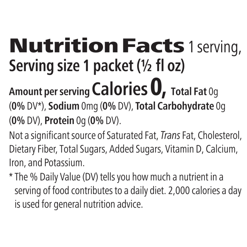 Nutrition facts label for Herbal Aloe Concentrate Single-Serve Packets from AuraStylo, highlighting calories and nutrients.