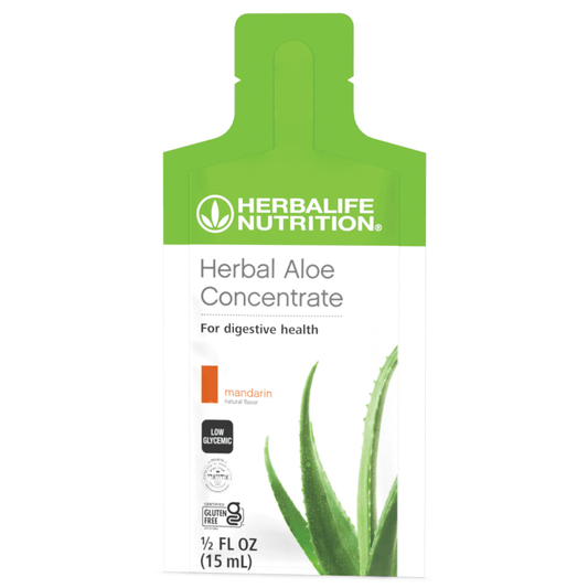AuraStylo Herbal Aloe Concentrate single-serve packet for digestive health with mandarin flavor.