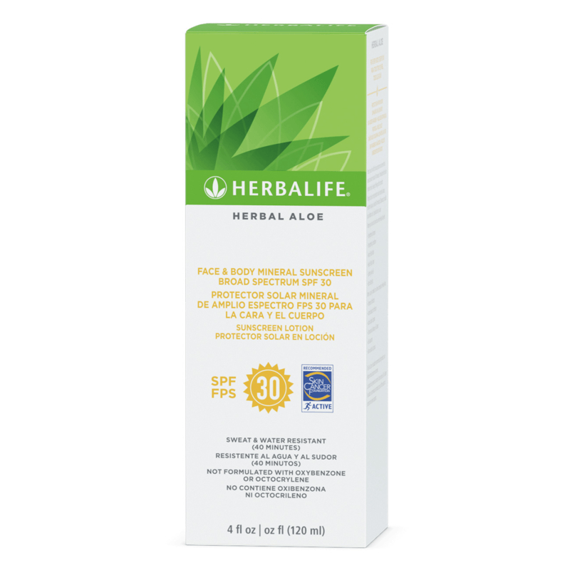 Herbal Aloe Sunscreen SPF 30 packaging, broad spectrum protection, water and sweat resistant formula for face and body.