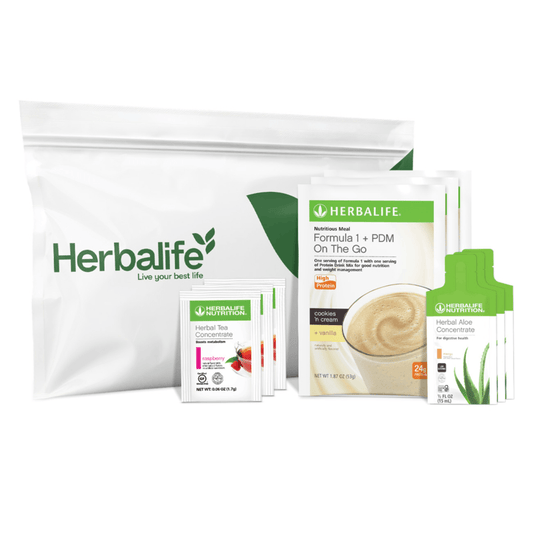 AuraStylo Classics Discovery Kit featuring Herbalife tea, Formula 1, and Aloe Concentrate for weight management.