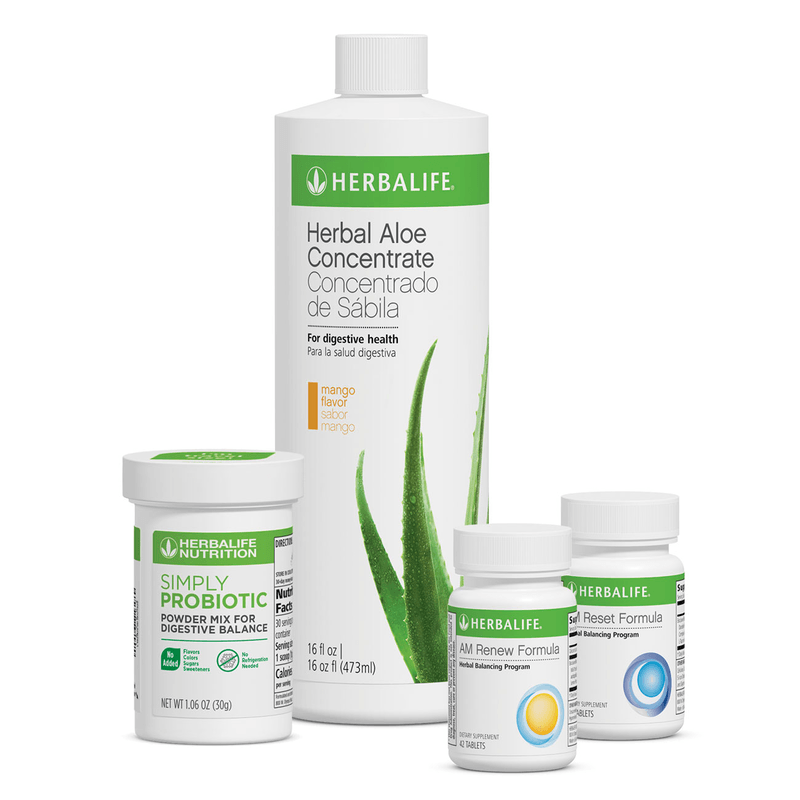 AuraStylo Digestive Health Program products including Herbal Aloe, Simply Probiotic, and All Renew Formula for digestive health.