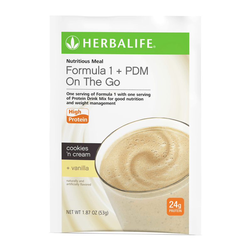 AuraStylo Formula 1 + PDM On The Go nutritious meal in a pouch, high protein cookies 'n cream and vanilla flavor.