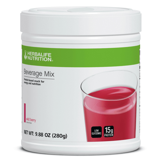AuraStylo Beverage Mix powder container with a glass of wild berry drink for energy and nutrition.