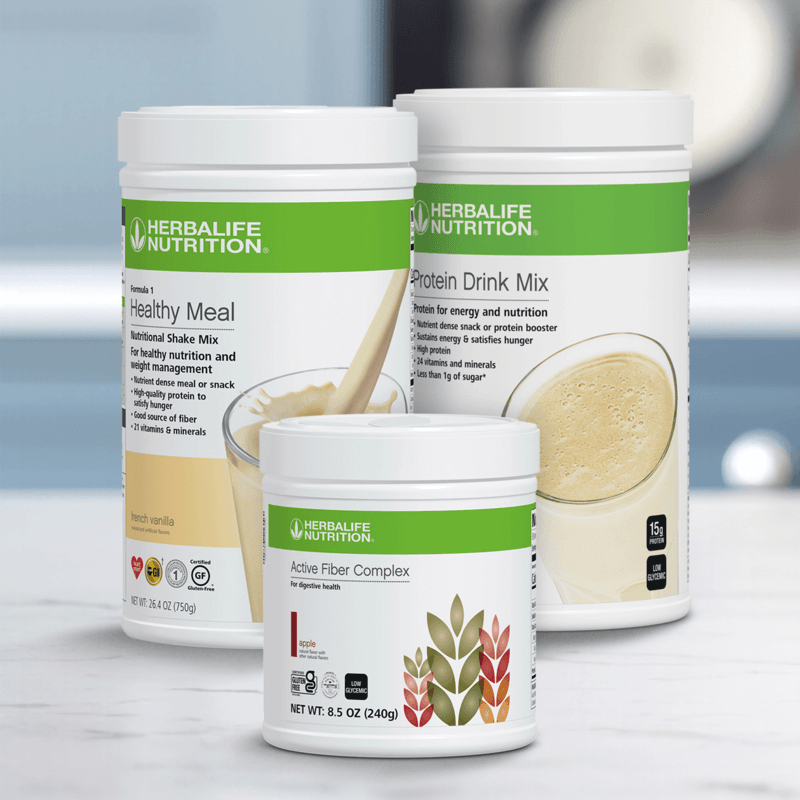 AuraStylo Herbalife Nutrition products including Healthy Meal, Protein Drink Mix, and Active Fiber Complex.