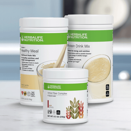AuraStylo Herbalife Nutrition products including Healthy Meal, Protein Drink Mix, and Active Fiber Complex.