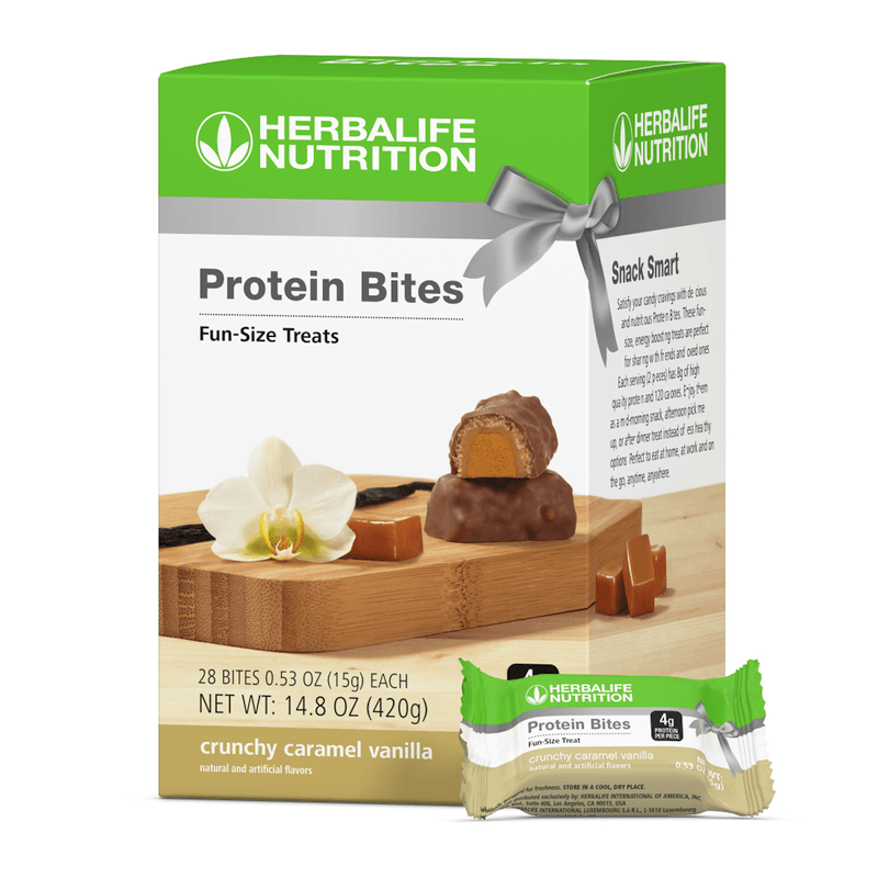AuraStylo Protein Bites box featuring fun-size crunchy caramel vanilla snacks, ideal for cravings and weight management.
