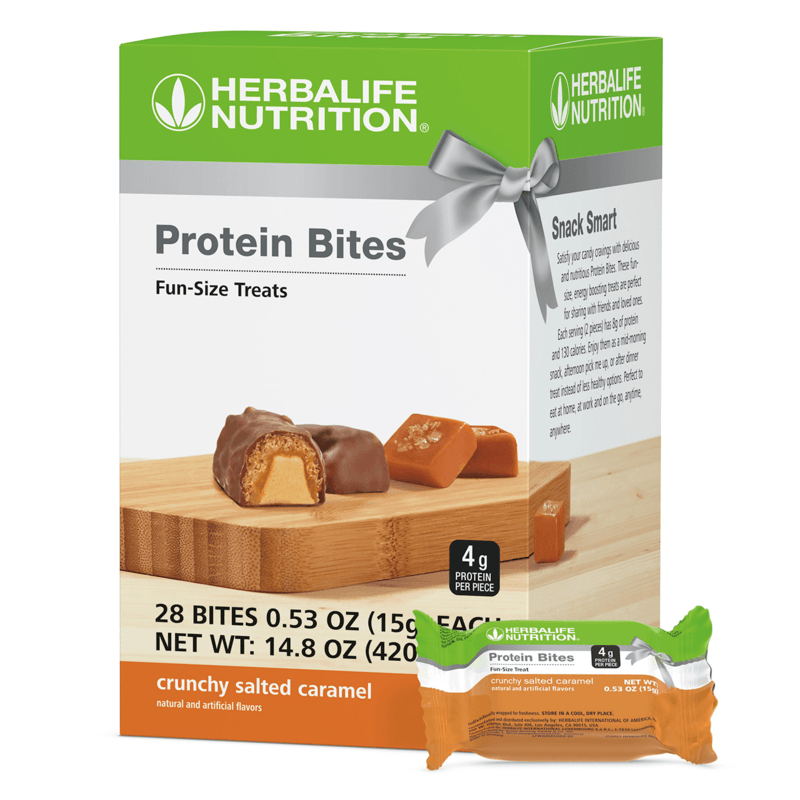 AuraStylo Protein Bites packaging featuring fun-size treats with crunchy salted caramel flavor.