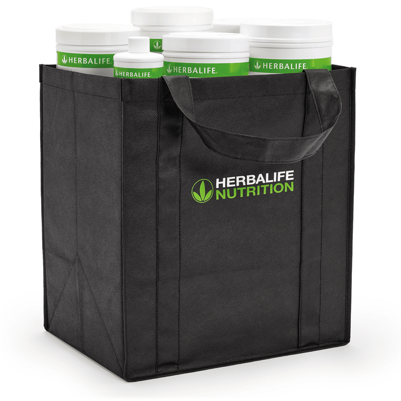AuraStylo Reusable Branded Bag holding Herbalife Nutrition containers, eco-friendly design.