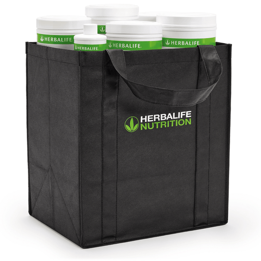 AuraStylo Reusable Branded Bag holding Herbalife Nutrition containers, eco-friendly design.