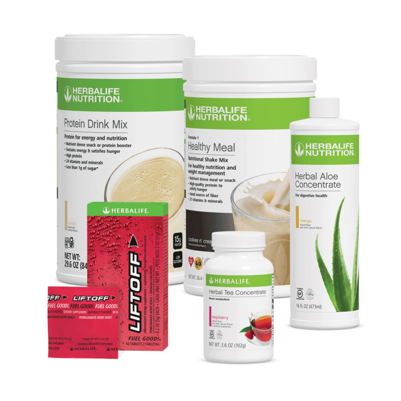 Day One wellness product bundle including Protein Drink Mix, Healthy Meal, Herbal Tea Concentrate, and Herbal Aloe Concentrate.