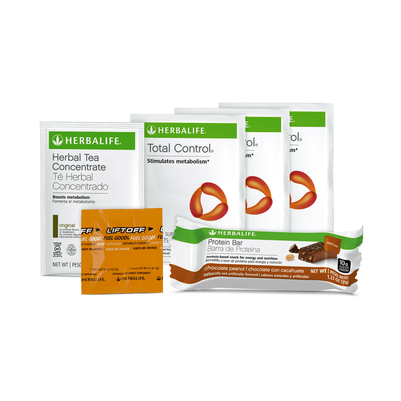AuraStylo Herbalife sample pack with snacks, tea, and energy tablets