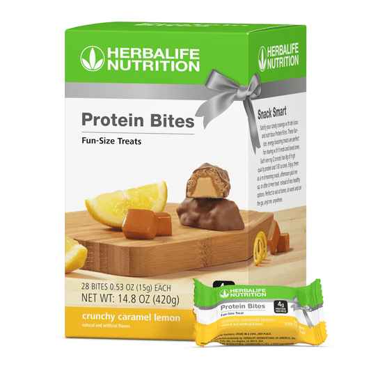 AuraStylo Protein Bites packaging featuring fun-size crunchy caramel lemon snacks, perfect for weight management.