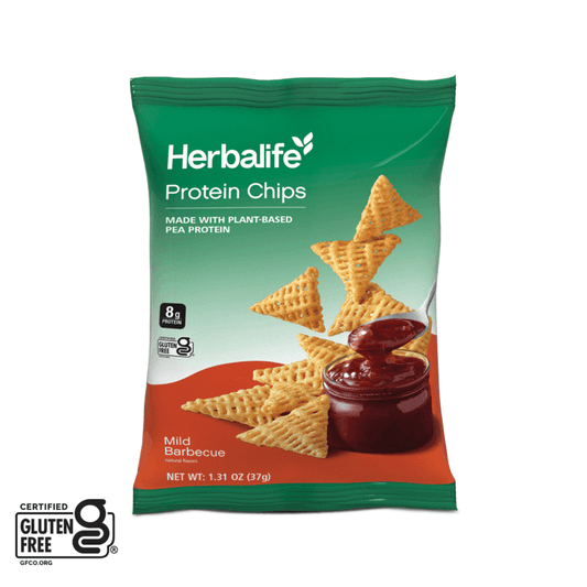 AuraStylo Protein Chips bag with mild barbecue flavor, made with plant-based pea protein and gluten-free.