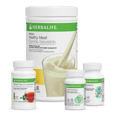 AuraStylo Quickstart Program products including Herbalife shakes, tea concentrate, cell activator, and multivitamins.