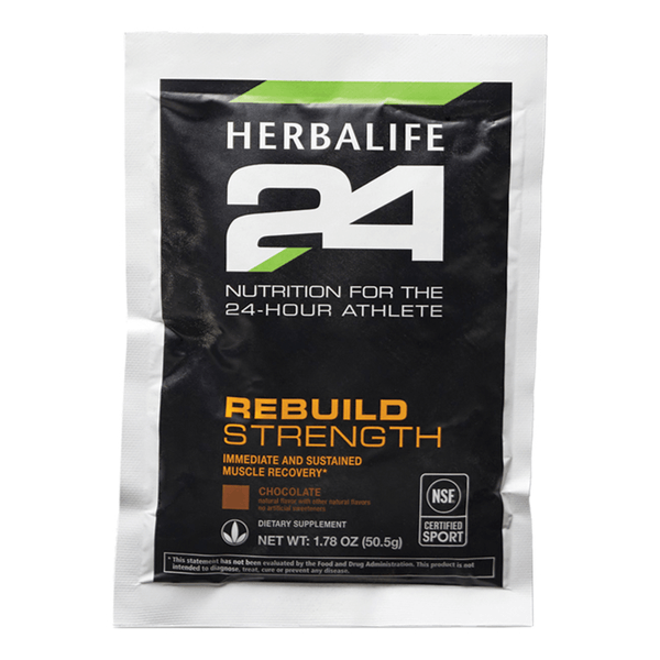 Herbalife Rebuild Strength Chocolate supplement packet for muscle recovery and growth
