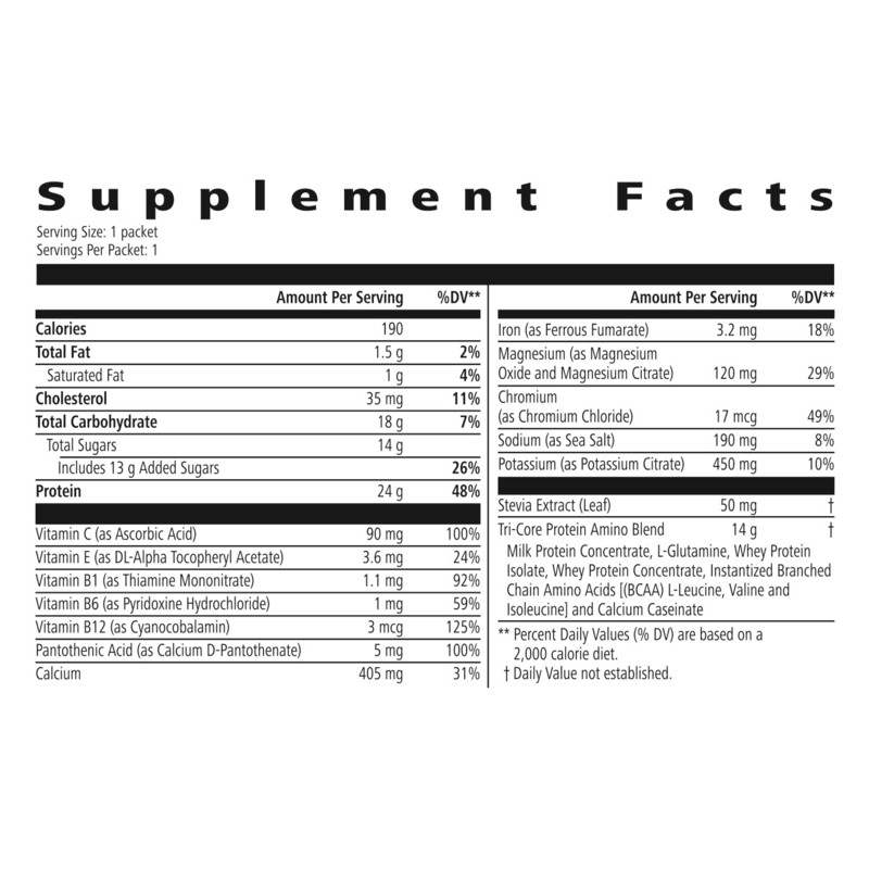 Herbalife Rebuild Strength Chocolate supplement facts with nutritional information and serving details.