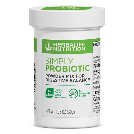 Herbalife Simply Probiotic powder mix for digestive balance in a container with nutrition facts.