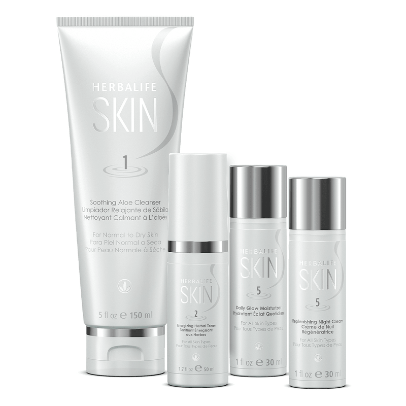 NaturalVive Herbalife SKIN Basic Program for Normal to Dry Skin, includes cleanser and moisturizers for a glowing complexion.