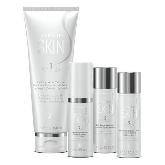 NaturalVive Herbalife SKIN Basic Program for Normal to Dry Skin, includes cleanser and moisturizers for a glowing complexion.